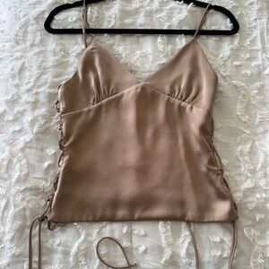 Zara Women's Satin V-Neck Lace-Up Cami Tank Top - Taupe / God